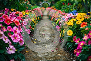 A path lined with colorful flowers leads to a garden. Generative AI