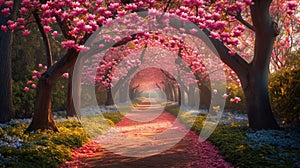 A path lined with pink flowers and blue trees, AI