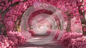 A path lined with pink flowers and trees in the background, AI