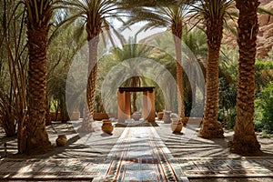 A path lined by two palm trees stretches through a desert landscape, A peaceful oasis surrounded by date palms, symbolizing