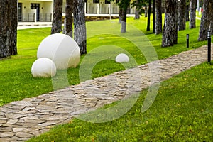 path made of natural stone, flowering bushes and green plants