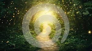 Path through a magic forest created with Generative AI. Mysterious lights shining in the woods.