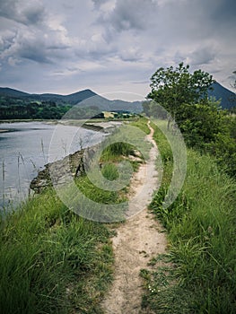 Path through the marshes in the Biosphere Reserve of Urdaibai during a cloudy day in the Basque Country