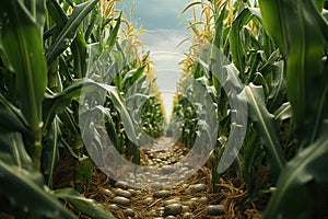 A path in the middle of a beautiful corn field in summer in cloudy weather. Generated by artificial intelligence