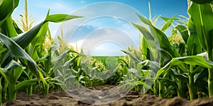 Path in the middle, fields, corn, sky on top., banner with space for your own content. Blurred background