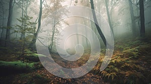 a path in the middle of a forest with fog in the air