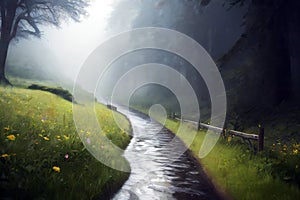 Path in middle of forest in the fog
