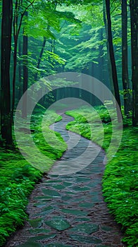 A path in the middle of a lush green forest