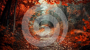 A Path Through a Misty Autumn Forest