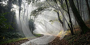 Path through misty woods with light rays