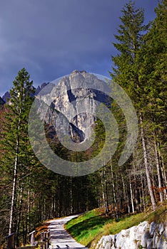 Path mountains in Brenta Dolomites in beautiful autumn day