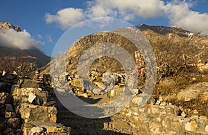 Path in mountains to Buddhist Temple in Muktinath, Himalayas