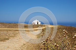 Path near Ermida da Memoria or Memory Chapel of Nossa Senhora do Cabo Church near cape Espichel, Portugal