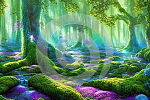 Path through the old trees, magical fantasy forest at sunrise, 3d landscape illustration background. Ai Generative