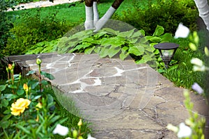 A path in the park is paved with decorative stone around a flower bed.