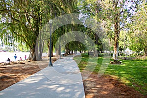 Path in the park with people on the banks of the lake and lush green trees on the path at Lake Evans