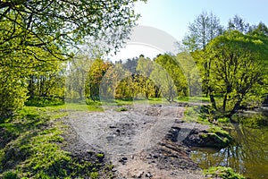 The path passes in the forest near the lake. Early morning. Spring. Russia