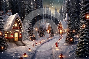 Path through pine trees in a snowy forest full with Christmas lights and with wooden decorated houses along the way, copy space,