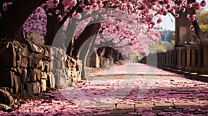 A path with pink flowers on trees. Generative AI.