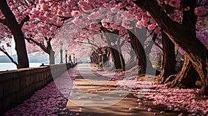 A path with pink flowers on trees. Generative AI.