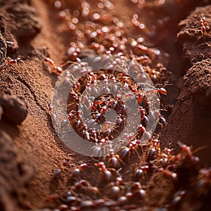 A path of red ants on soil