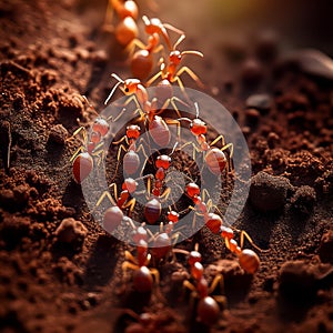 A path of red ants on soil