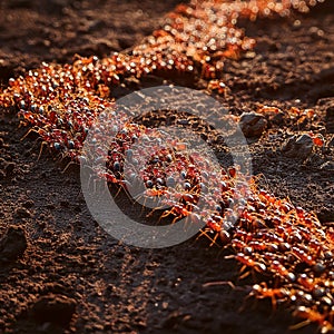 A path of red ants on soil