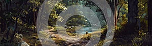 path that runs along a river inside a forest, AI Generative.