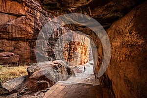 Path through steep cliffs, Entrance for lower and upper Shivalaya in Badami, Karnataka, INDIA