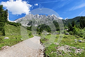 Path through summer mountain landscape. View of Wilder Kaiser, Austria, Tyrol