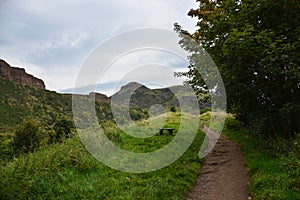 Path to Arthur`s Seat through the Hollyrood park near Edinburgh,