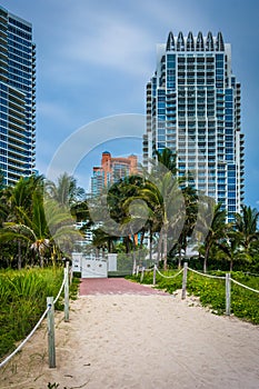 Path to the beach and highrises in South Beach, Miami, Florida. photo