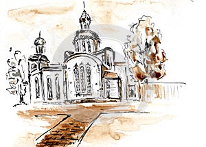 Path to the church. Hand drawn coffee and chinese ink on paper textures. Incdrawn collection. Bitmap image
