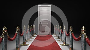 Path to fame concept red carpet leading to the close door 3d render on darck background