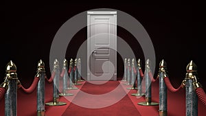 Path to fame concept red carpet leading to the close door 3d render on darck red background