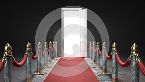 Path to fame concept red carpet leading to the open door 3d render on darck background