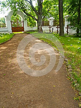 Path to gate at the old brotherly cemetery. Valaam Spaso-Preobrazhensky stavropegial monastery