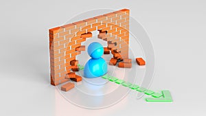 The path to the goal through obstacles. Businessman leader smashed brick wall on the way to target. 3d render