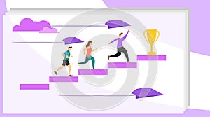 The path to the goal. People run up the stairs to their goal. Motivation to move to the goal. Vector illustration of success