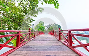 Path to The Huc bridge spanning Ngoc Son Temple, Hanoi, Vietnam