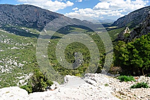 The path to the nuragic village of Monte Tiscali, view of valley of Lanaittu