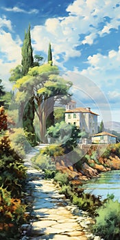 A Path To An Old House By The Lake: A Painting In The Style Of Raphael Lacoste