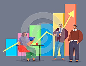 Path to a target s growth vector illustration banner. People standing at the rectangular bars photo