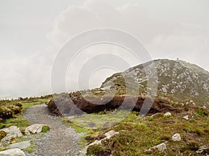 Path on top of Diamond hill, Connemara National park, county Galway Ireland. Cloudy sky, Nobody