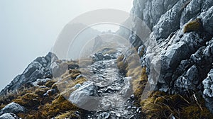 A path on top of the mountain in cold misty conditions