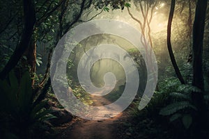 Path Trail on a luxuriant tropical Jungle forest with beautiful morning lighting. Forest trail in the Jungle. Ai generated