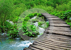 Path and waterfall in Plitvice Park
