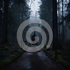 a path through the woods with a church in the middle