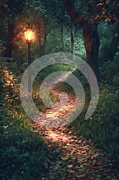 A path in the woods with a lamp post in the middle of it