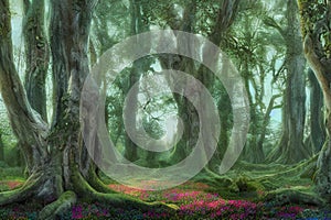 Path through the woods, magical fantasy forest at sunrise, 3d landscape illustration background. Ai Generative